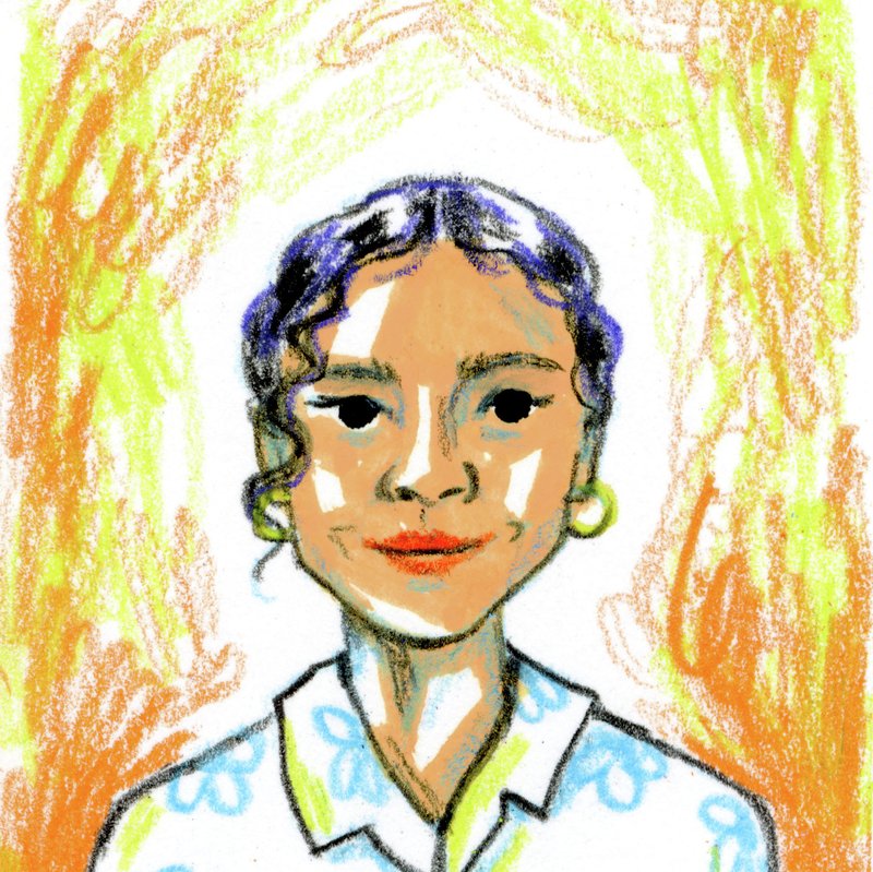 A woman in a white button-down shirt with blue flowers, curly hair pulled back in an updo, hoop earrings, and a slight smile. A colorful hand-drawn portrait of Tyler Dean by Cydney Cherepak.