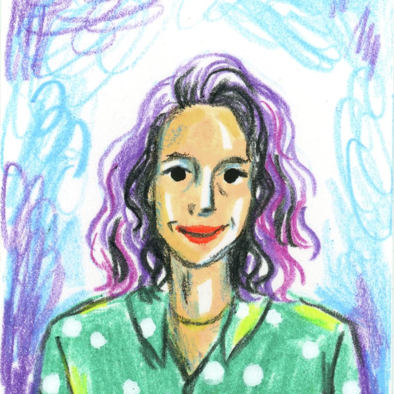 A woman in a green button-down shirt with white polka dots, shoulder length wavy hair, and a slight smile. A colorful hand-drawn portrait of Zrinka Buljubasic by Cydney Cherepak.