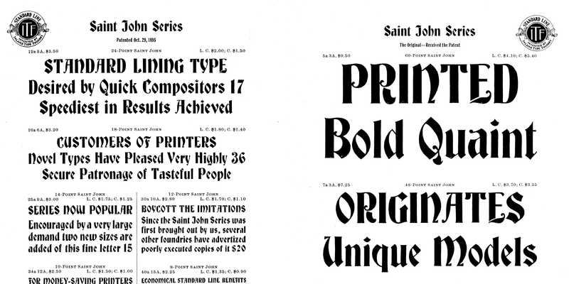 Scans of showings of the Saint John Series, from the 1901 Inland Type Foundry catalog
