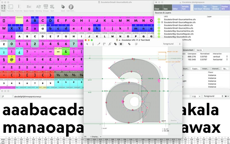 A screenshot of the application Robofont, featuring the working environment for the typeface Escalator.