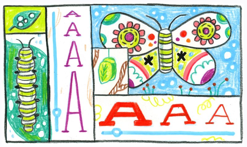 A subdivided rectangle includes compartments with the letter A changing in width and boldness, as well as three stages of a butterfly's metamorphasis. Colorful hand-drawn illustration by Cydney Cherepak.