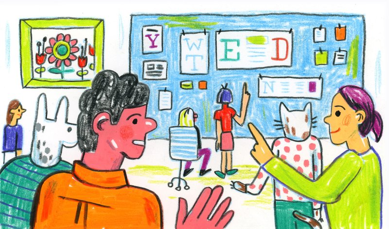 Seven people in a room look at a bulletin board, which has sheets of paper tacked to it with letters on them. Colorful hand-drawn illustration by Cydney Cherepak.