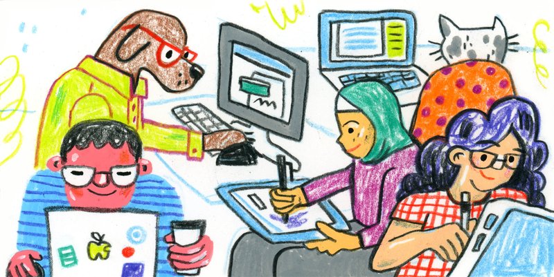 Five people work in the same room, on different digital devices. Three of the people are smiling humans, one is a cat, and one is a dog. Colorful hand-drawn illustration by Cydney Cherepak.
