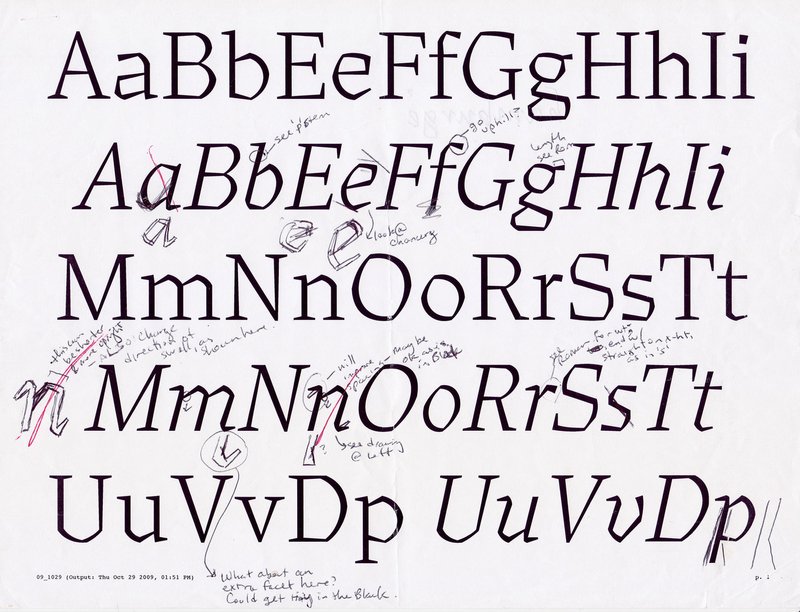 A font proof printout with sketches and notes scribbled on it.