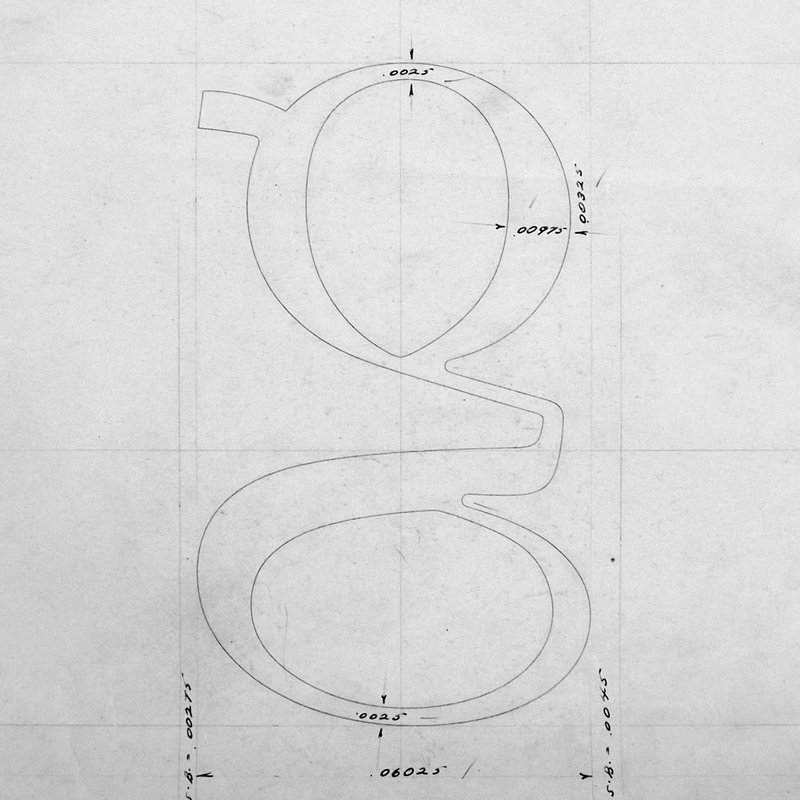A reversed outline technical drawing of a "g" for the typeface Fairfield