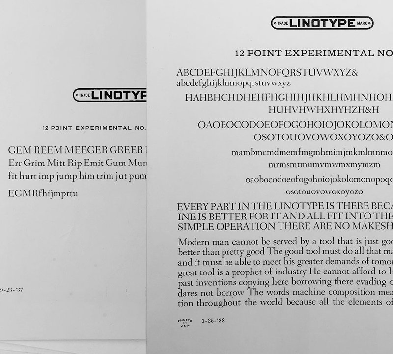 Two stacked printed proofs of metal type for the typeface Fairfield