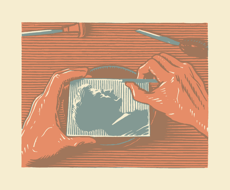 A wood engraving of two hands engraving another image in wood, of a portrait of Rudolph Ruzicka