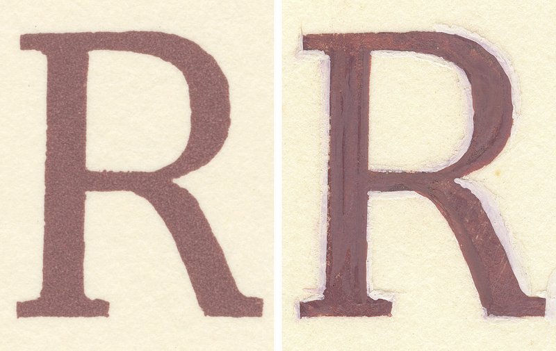 Two images of the hand-painted letter "R" with different levels of paint detail apparent.