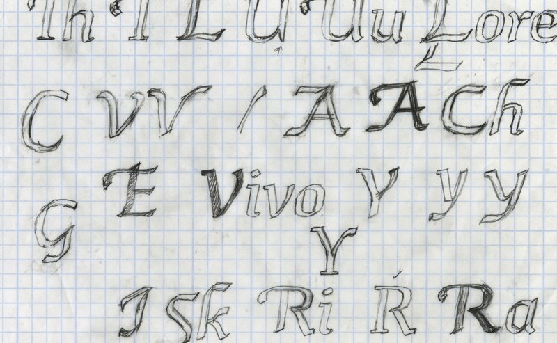 A page of grid paper with hand-drawn sketches of swash letterforms
