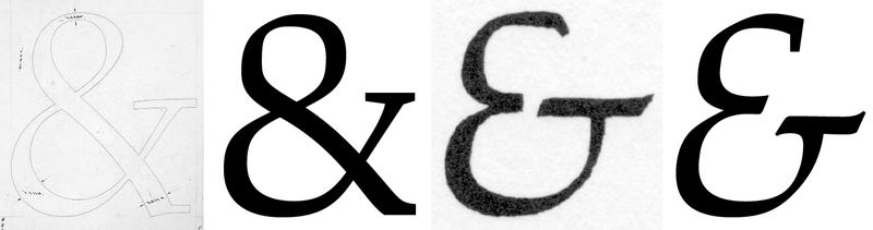 Two scans of hand-rendered ampersands, shown alongside ampersands from the typeface Study