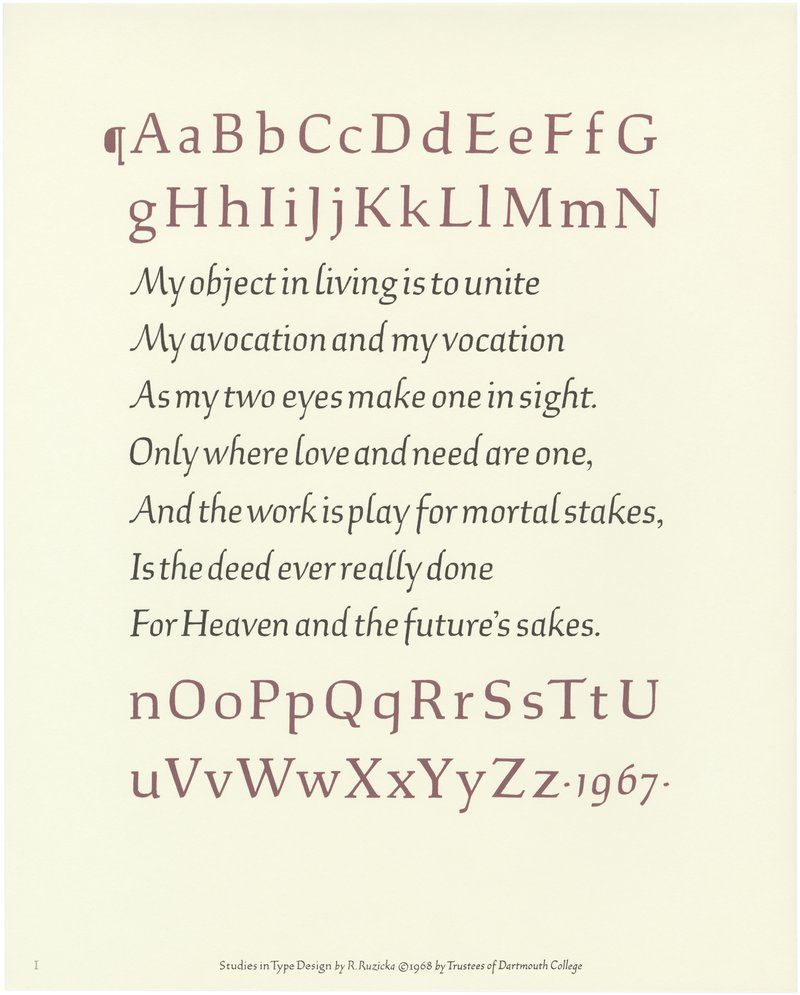 An artistic print of a hand-painted alphabet in roman letters, and a poem by Robert Frost in italic.