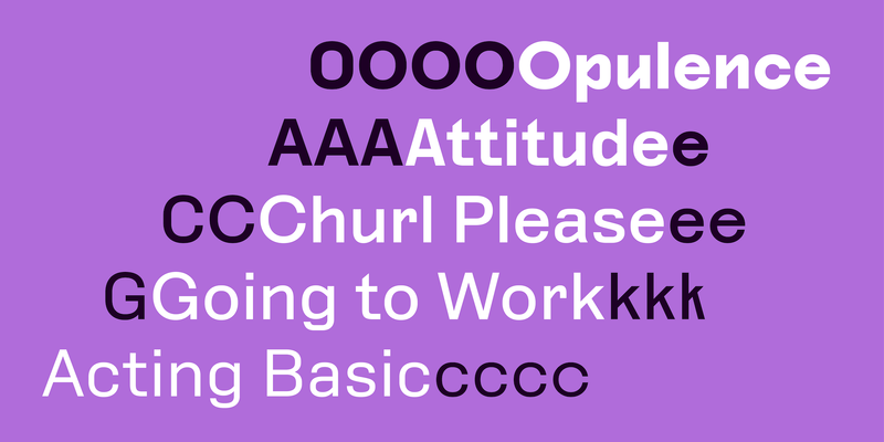 Five lines of type demonstrating the stations in the Polymode typeface: Opulence, Attitude, Churl Please, Going to Work, Acting Basic.