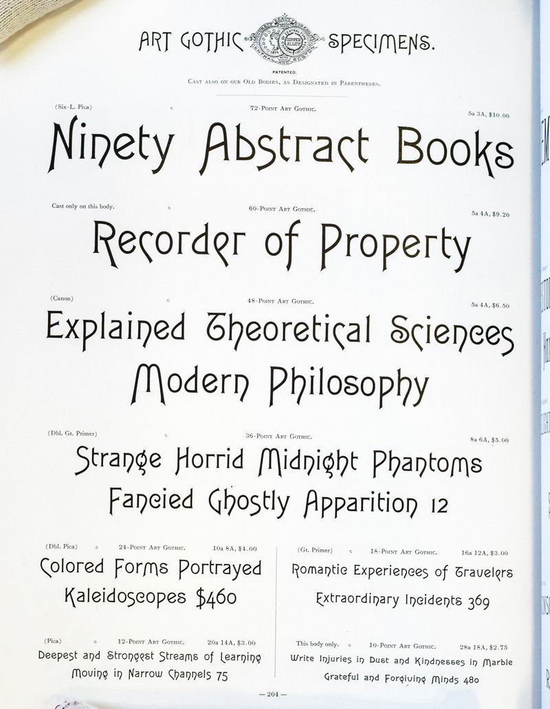 A photograph of Art Gothic, from the 1899 Central Type Foundry catalog