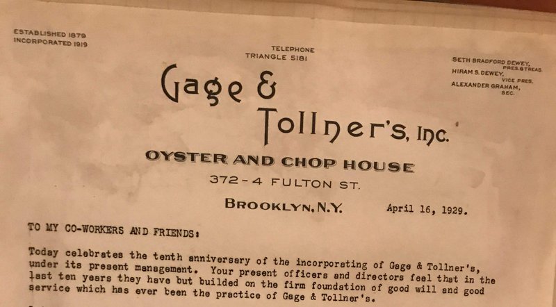 A letter on Gage & Tollner stationery