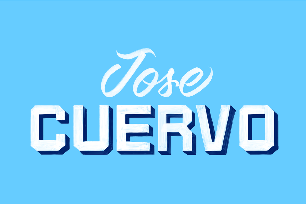 "Jose Cuervo" set in the Pepino and Pia typefaces on blue background
