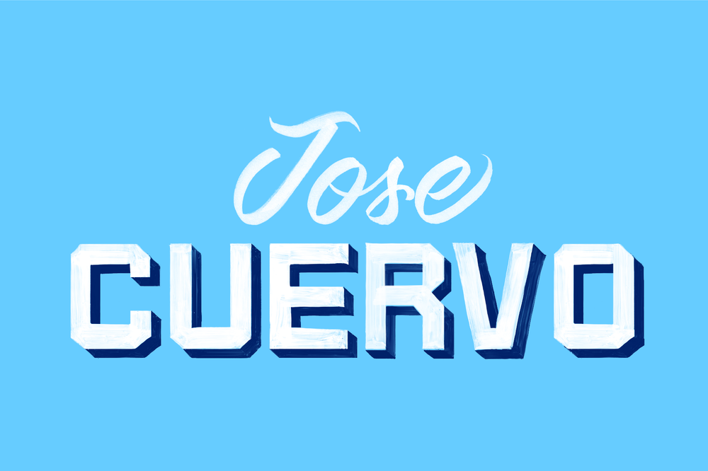 "Jose Cuervo" set in the Pepino and Pia typefaces on blue background