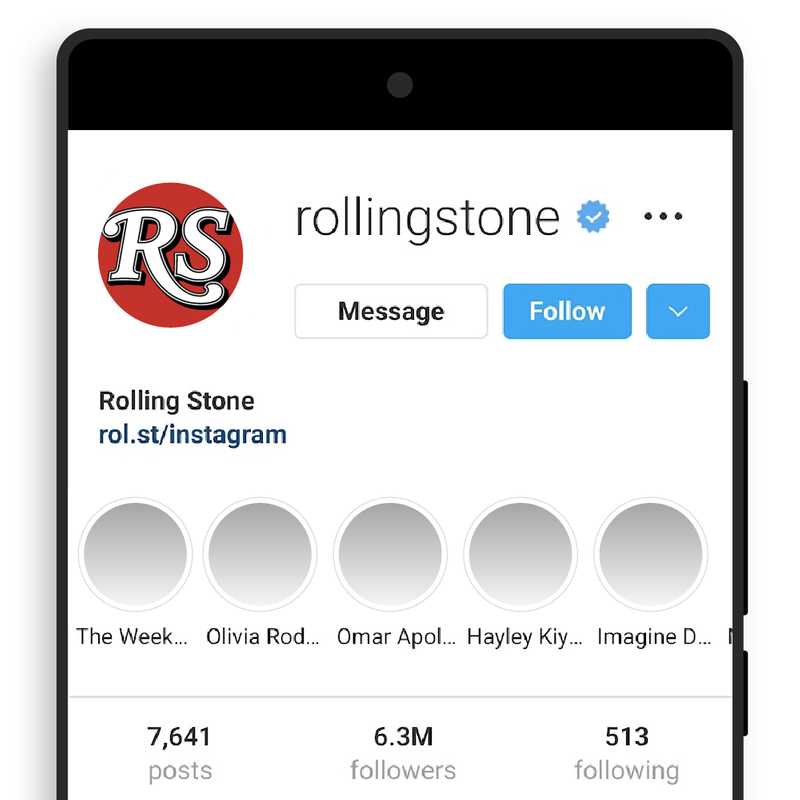 An abstracted image of a mobile device displays the social media profile of Rolling Stone magazine