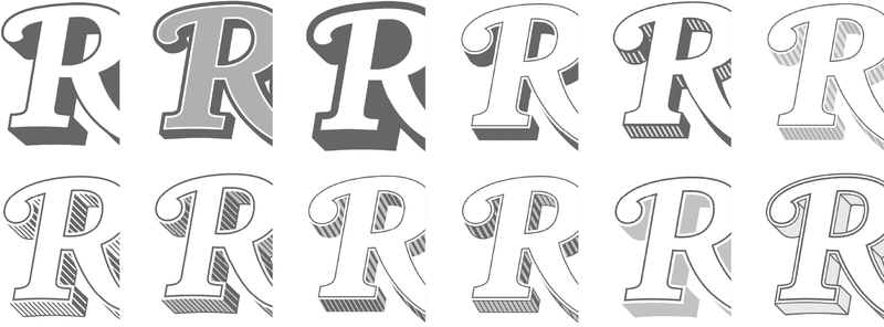 The letter R is repeated twelve times, showing different styles of dimensional ornamentation