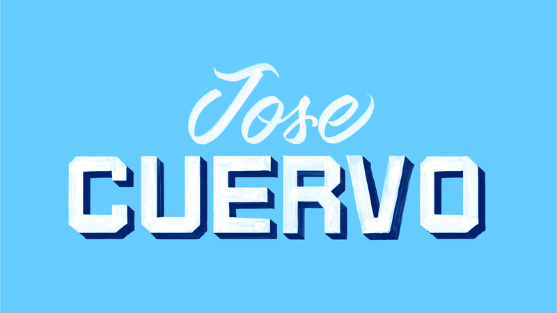"Jose Cuervo" set in the Pepino and Pia typefaces on blue background