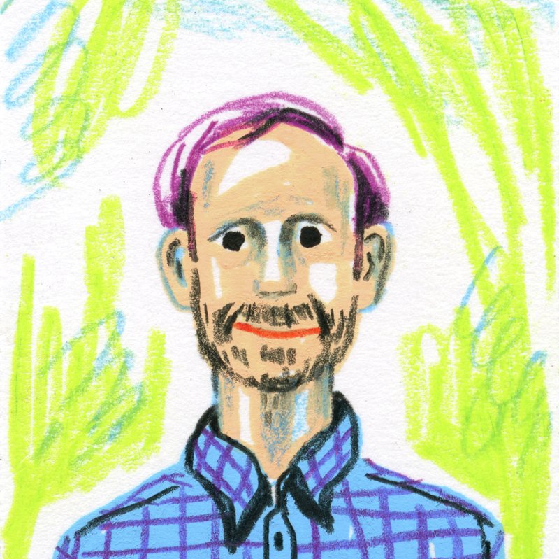 A man with a checkered button-down shirt, parted hair, a beard, and a slight smile. A colorful hand-drawn portrait of Jesse Ragan by Cydney Cherepak.
