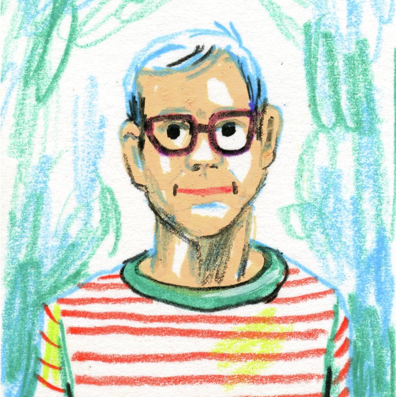 A man in a striped crew-neck shirt with glasses, clean-shaven, and a slight smile. A colorful hand-drawn portrait of Ben Kiel by Cydney Cherepak.