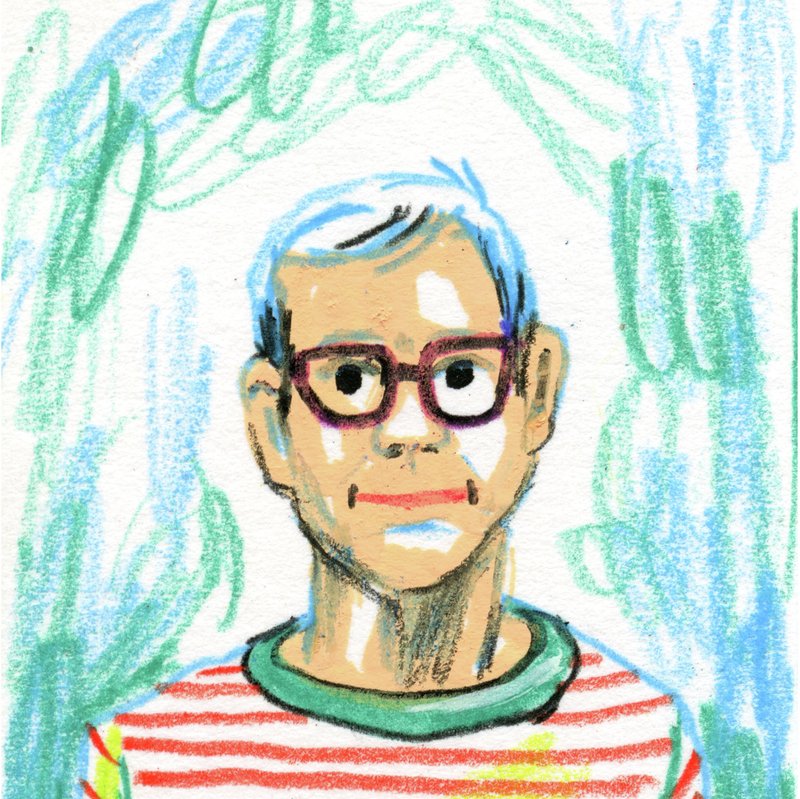 A man in a striped crew-neck shirt with glasses, clean-shaven, and a slight smile. A colorful hand-drawn portrait of Ben Kiel by Cydney Cherepak.