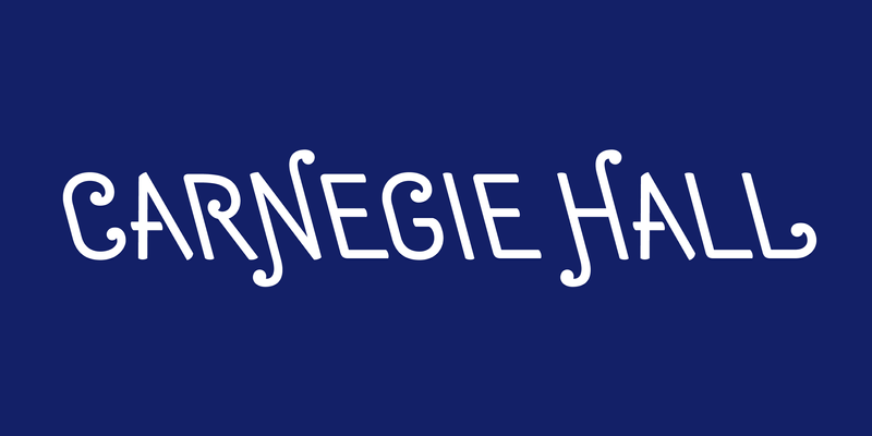 A back-slanted curly all-caps rendering of the name "Carnegie Hall"